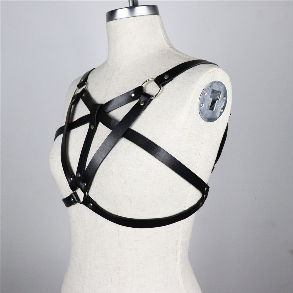 Black Leather Bra Harness Rings Gothic