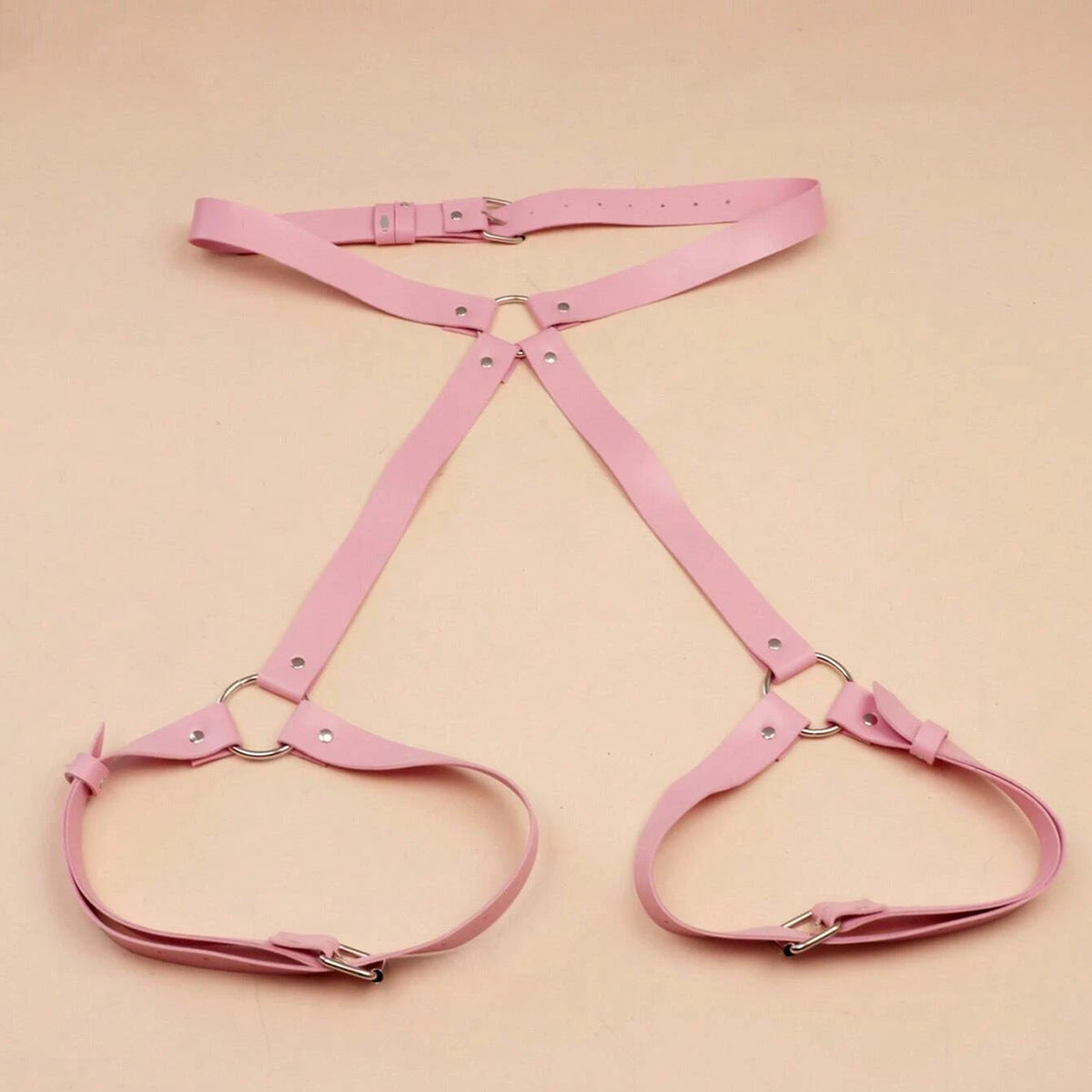 Leather Thighs Red Harness With Cuffs