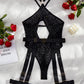 Black Lace Cougar Lingerie Bodysuit with Garter Belt