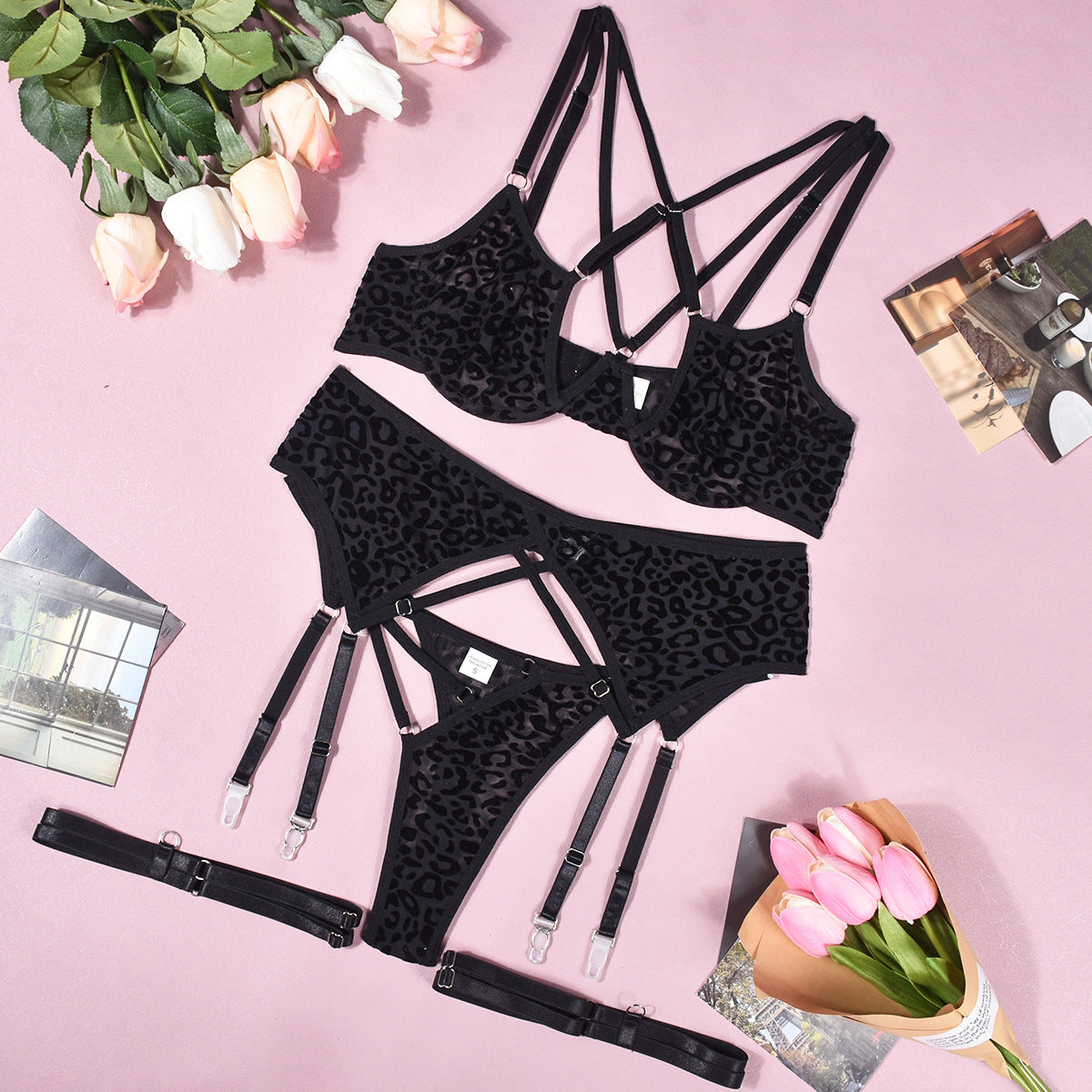 Black Cougar Lingerie Set with Garter Belt Le Jour Jour Black Cougar Lingerie Set with Garter Belt Le Jour Jour