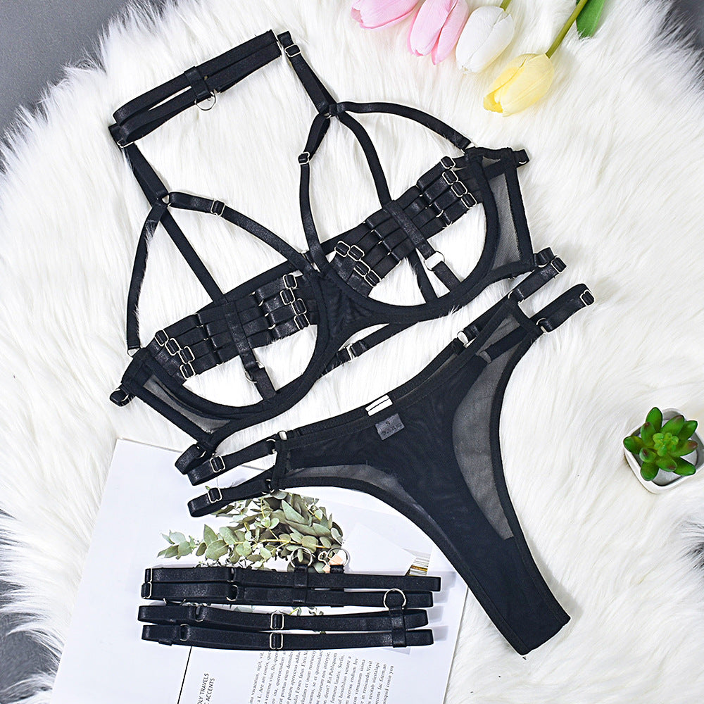 Black Garter Belt Lingerie Set Slutty Bra & Panty Revealing