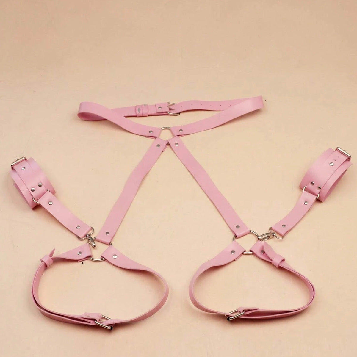 Leather Thighs Red Harness With Cuffs