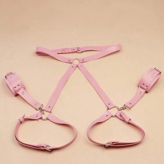 Leather Thighs Red Harness With Cuffs
