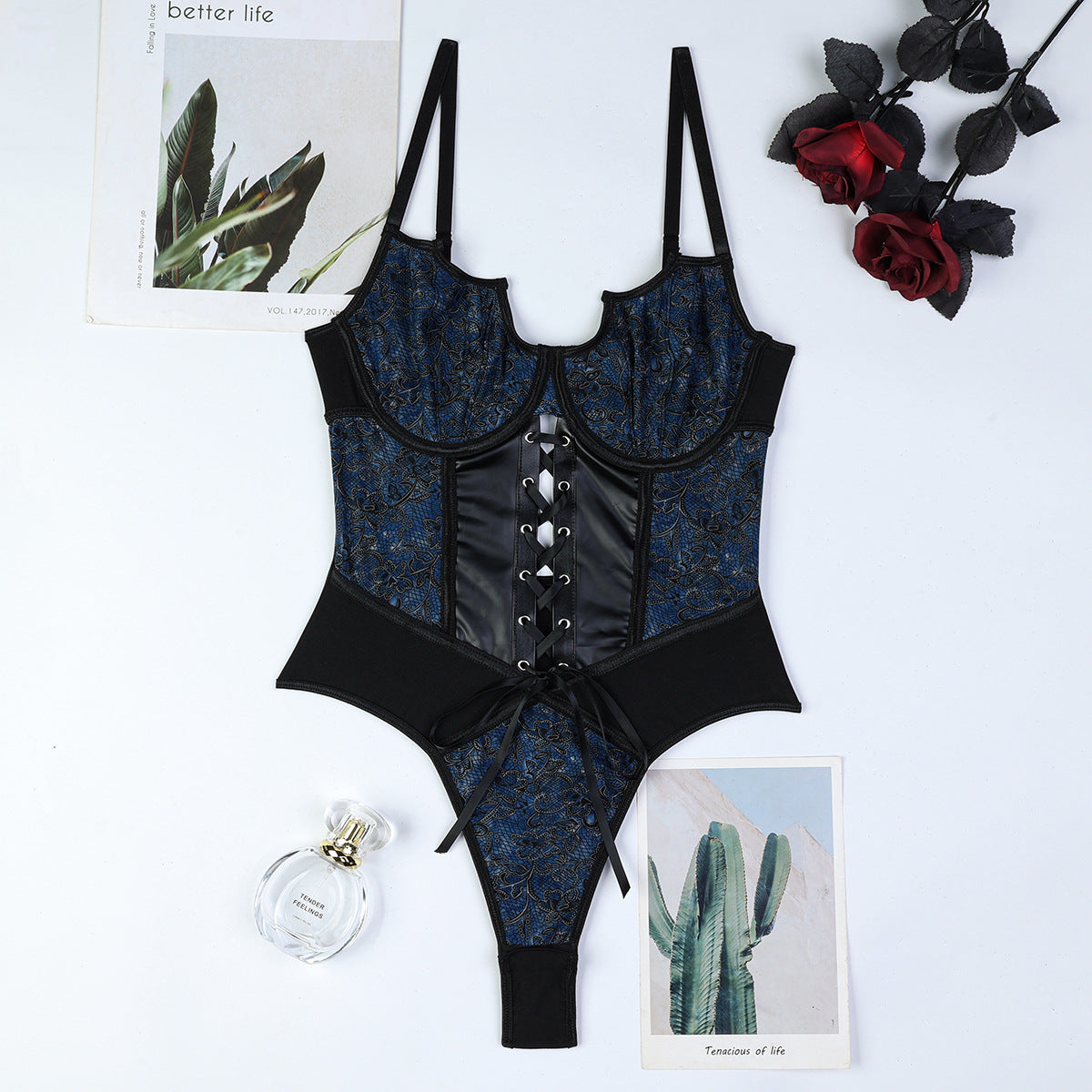 Leather Floral Corset Bodysuit Bdsm Lingerie