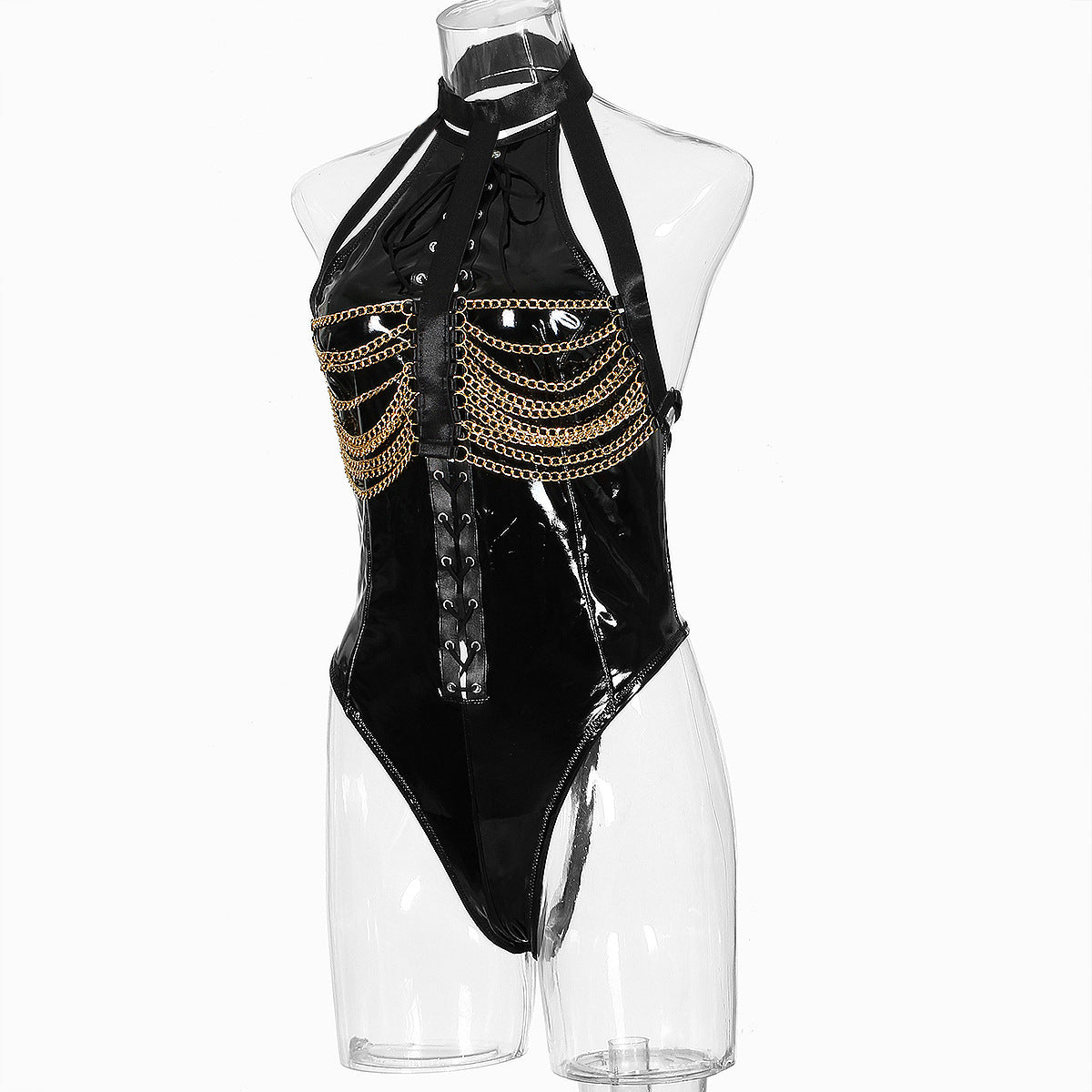 Black Turtleneck Bdsm Bodysuit With Chains