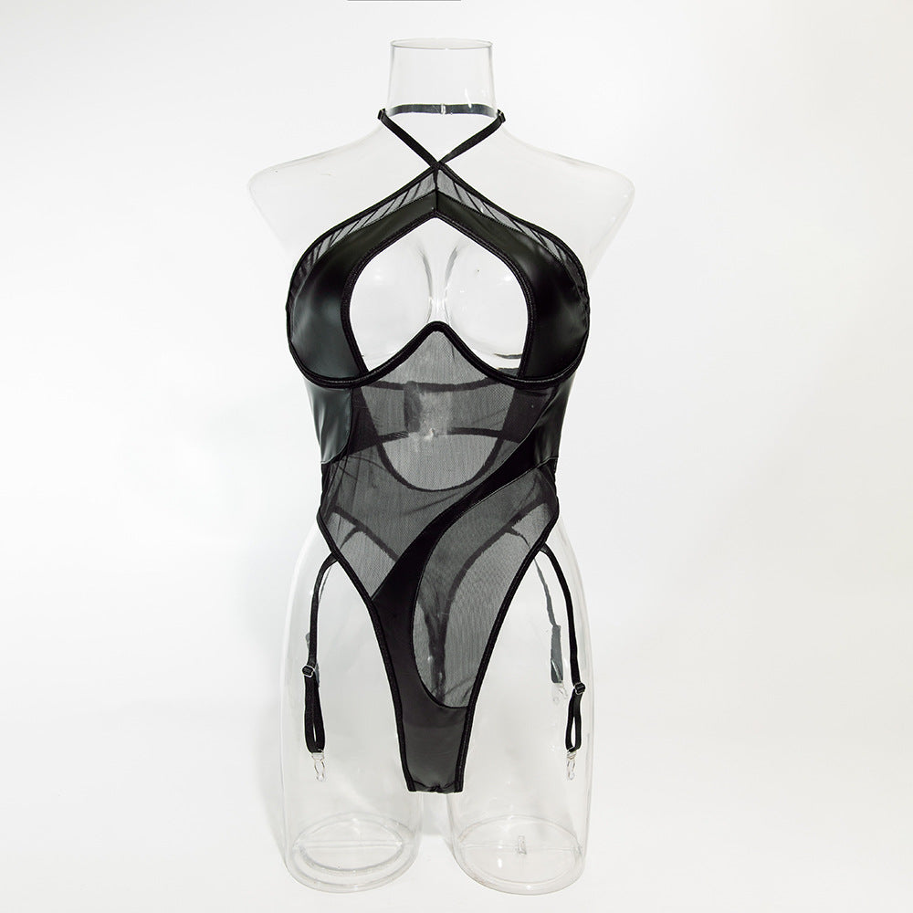 Black Leather Nude Sheer Bdsm Lingerie