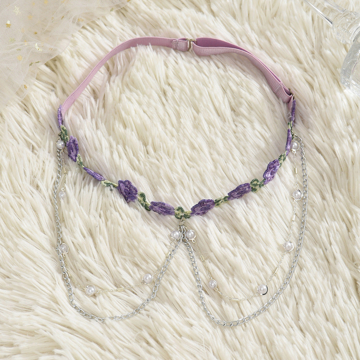 Chain Pearl Light Purple Flowers Leg Garter