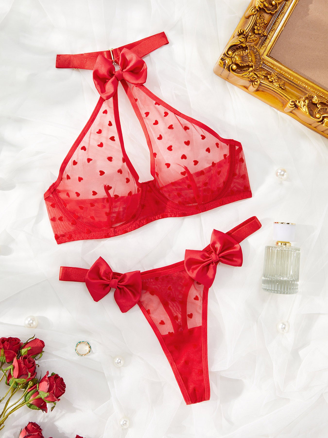 Red Turtleneck Bow Sheer Lingerie