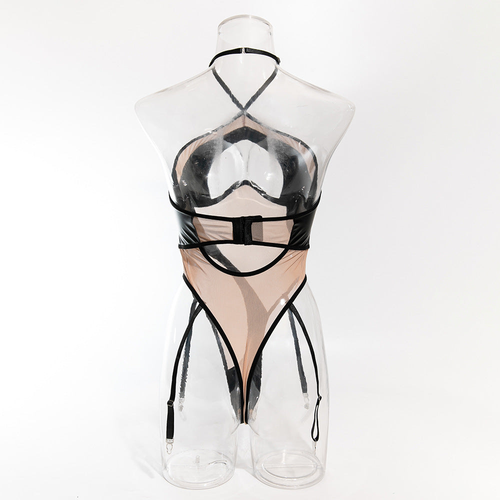 Black Leather Nude Sheer Bdsm Lingerie