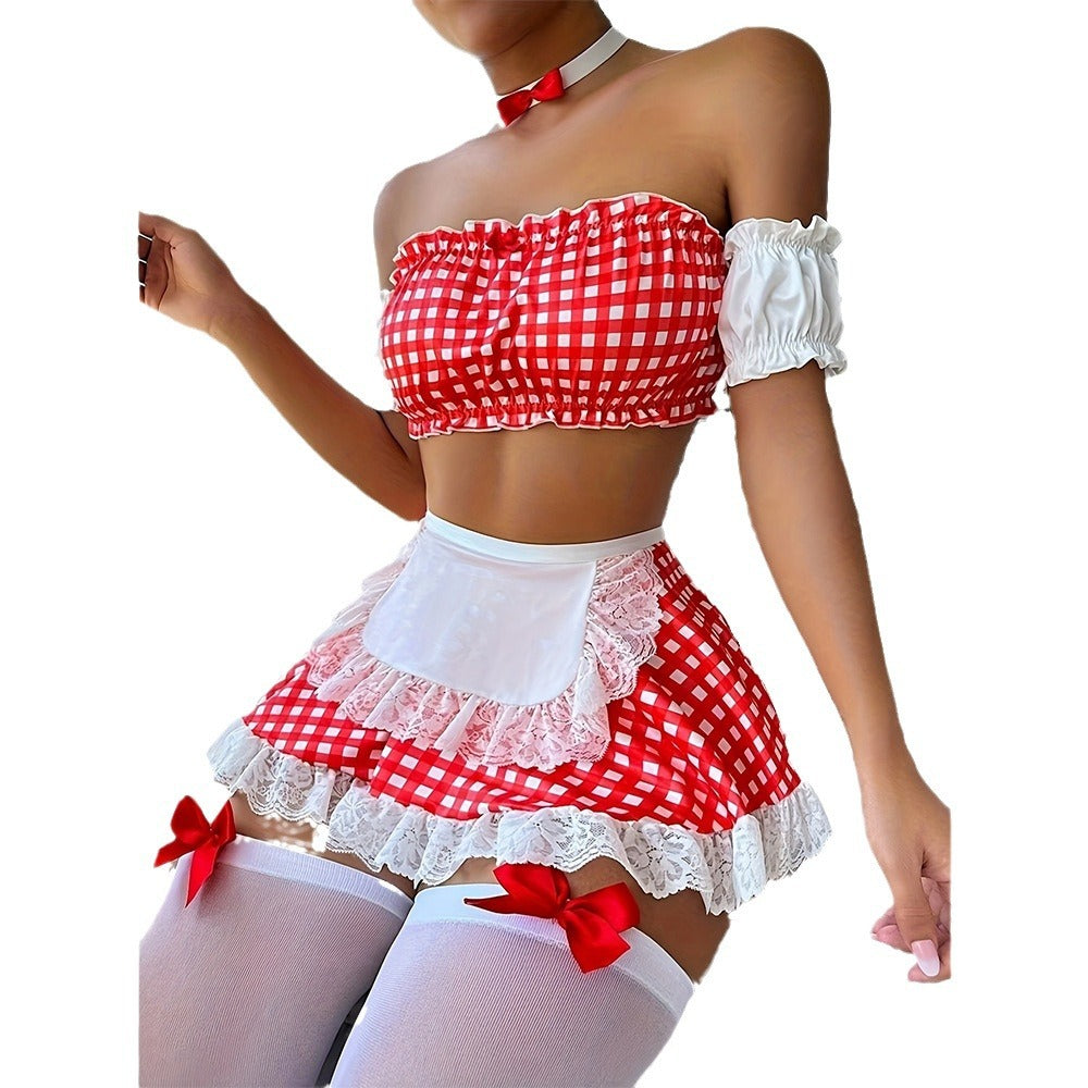 Red Sexy Leather Dress White Anime Maid Lingerie Role Playing Costume