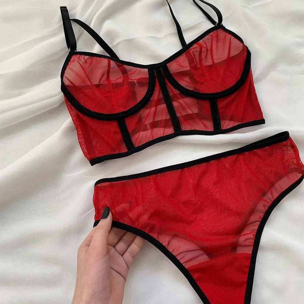 Women See-Through Lingerie Set Red Bra & Panty