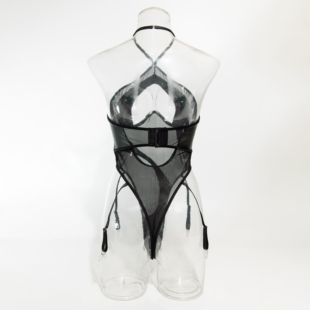 Black Leather Nude Sheer Bdsm Lingerie