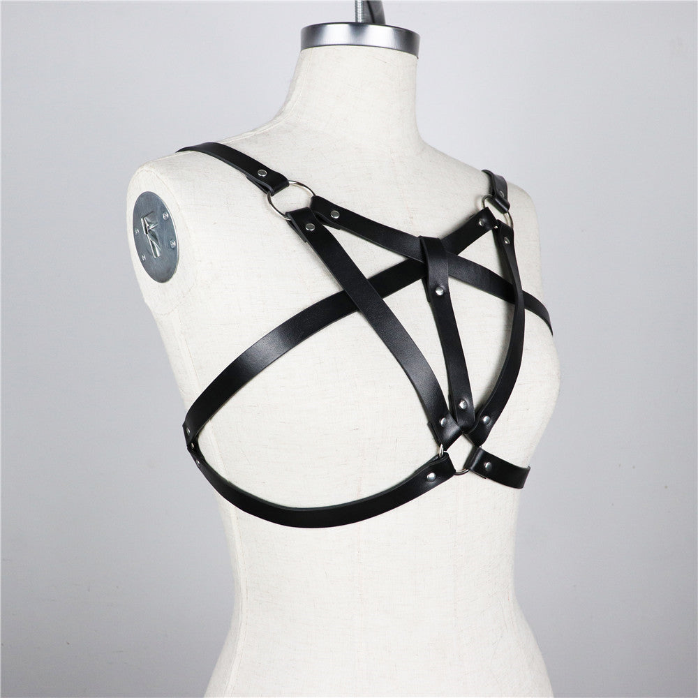 Black Leather Bra Harness Rings Gothic