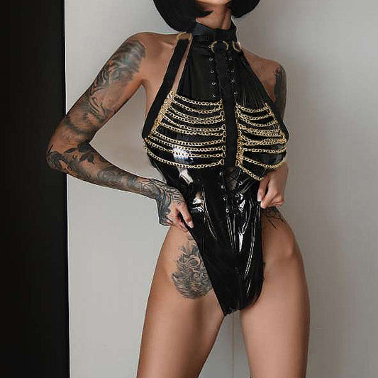 Black Turtleneck Bdsm Bodysuit With Chains