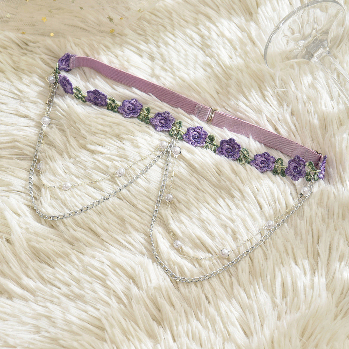 Chain Pearl Light Purple Flowers Leg Garter