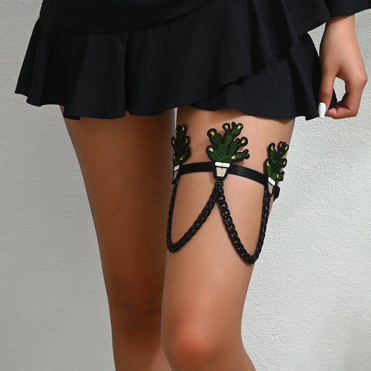 Black Chain Embroidered Cactus Leg Garter