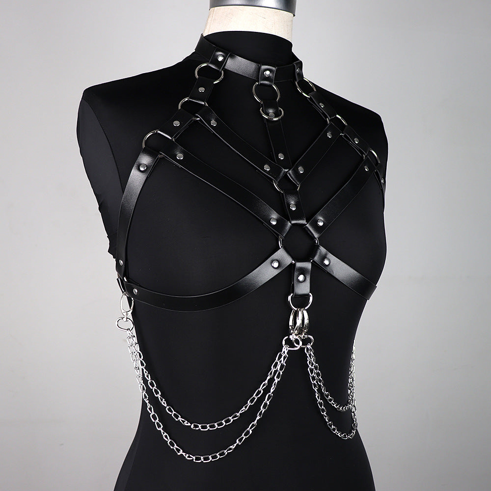 Leather Chest Harness Bra with Chains