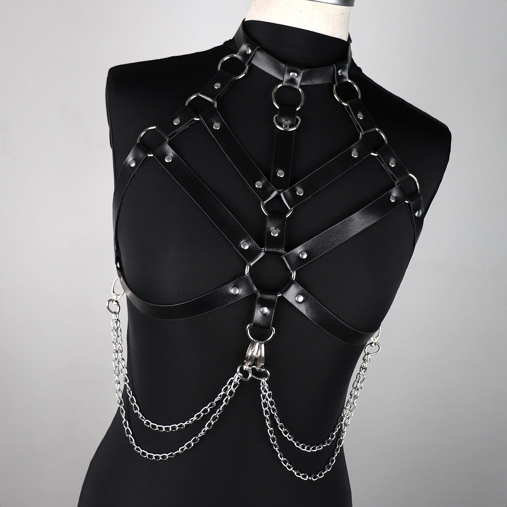 Leather Chest Harness Bra with Chains