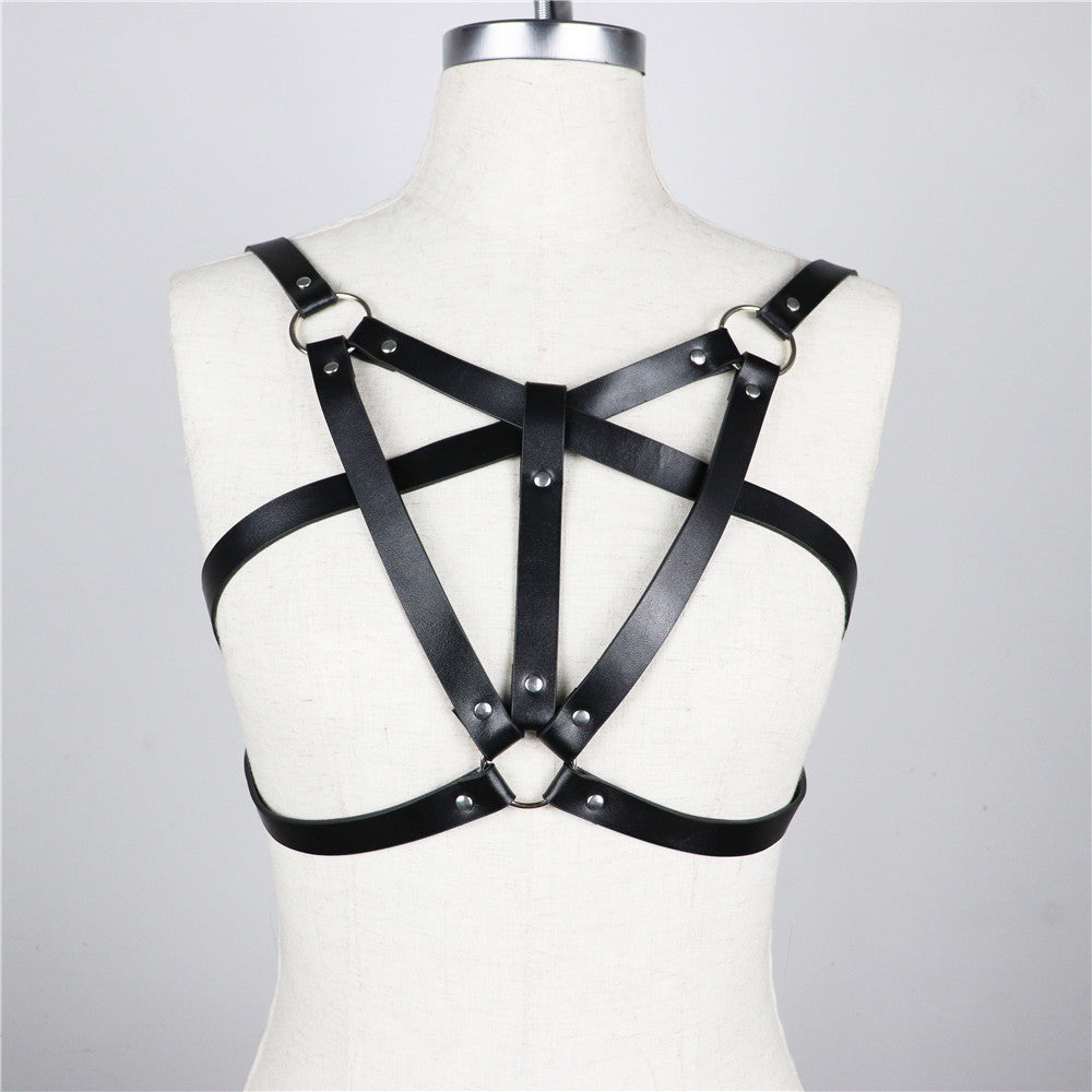 Black Leather Bra Harness Rings Gothic