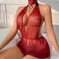 Burgundy Crotchless Bodysuit Uncensored with Choker