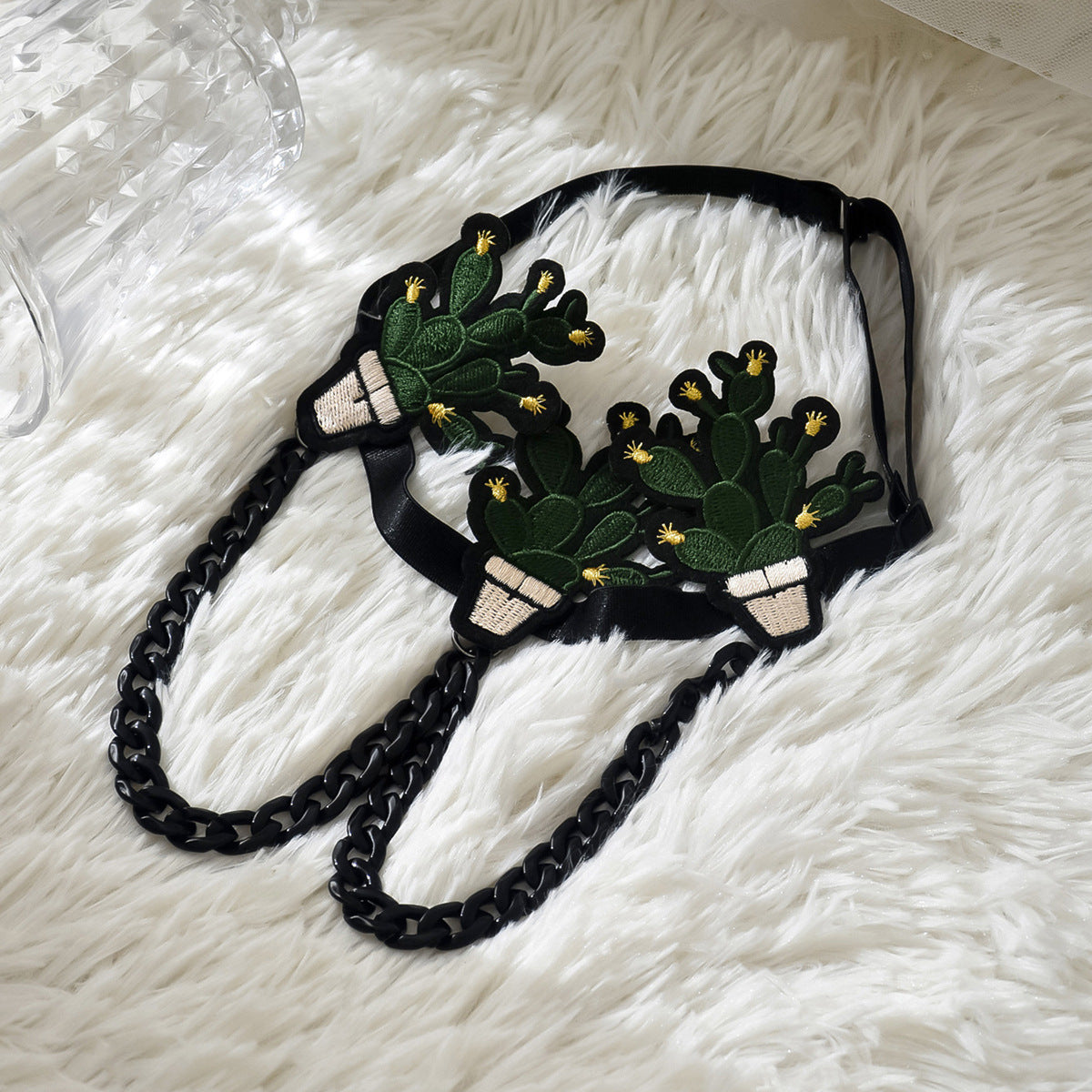 Black Chain Embroidered Cactus Leg Garter