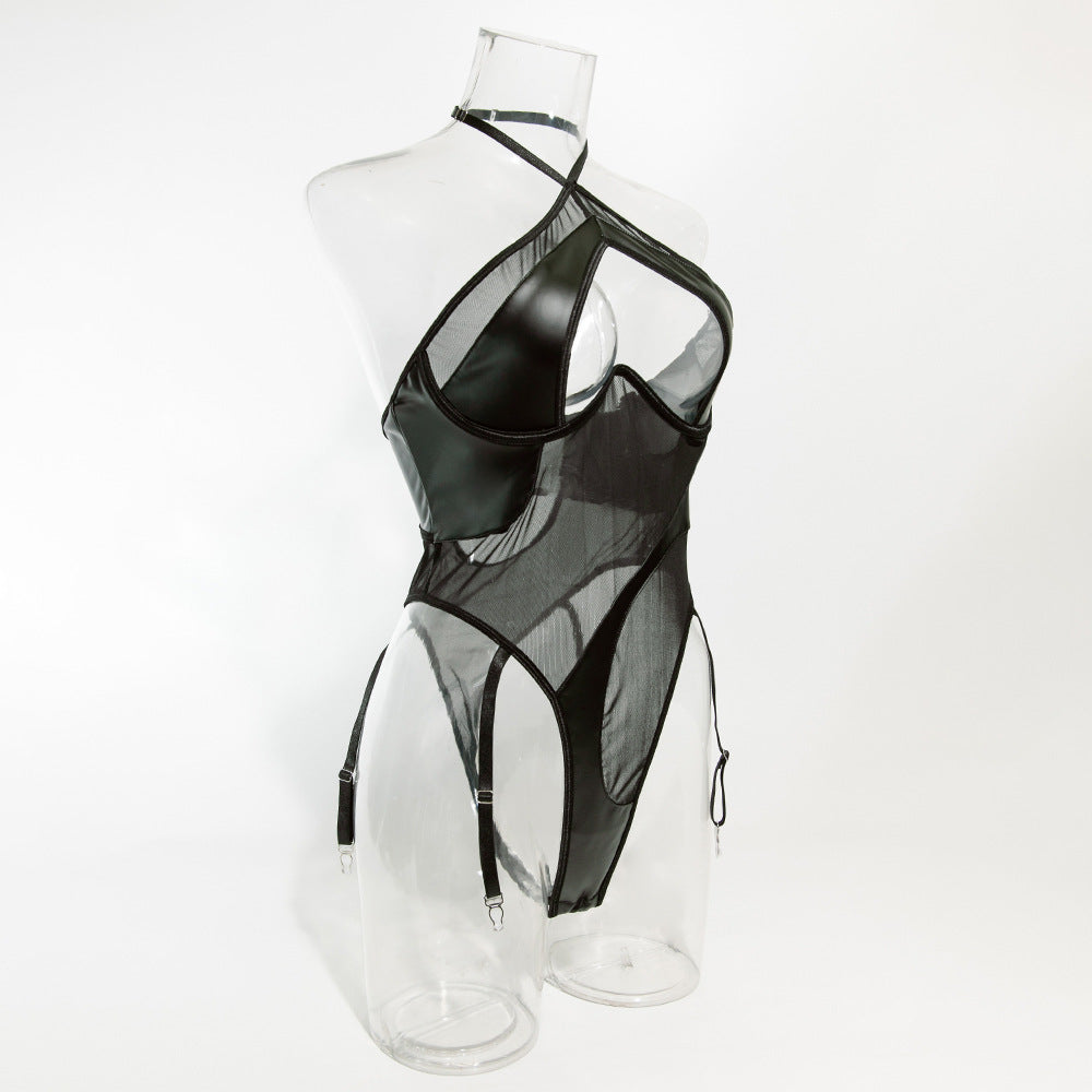 Black Leather Nude Sheer Bdsm Lingerie