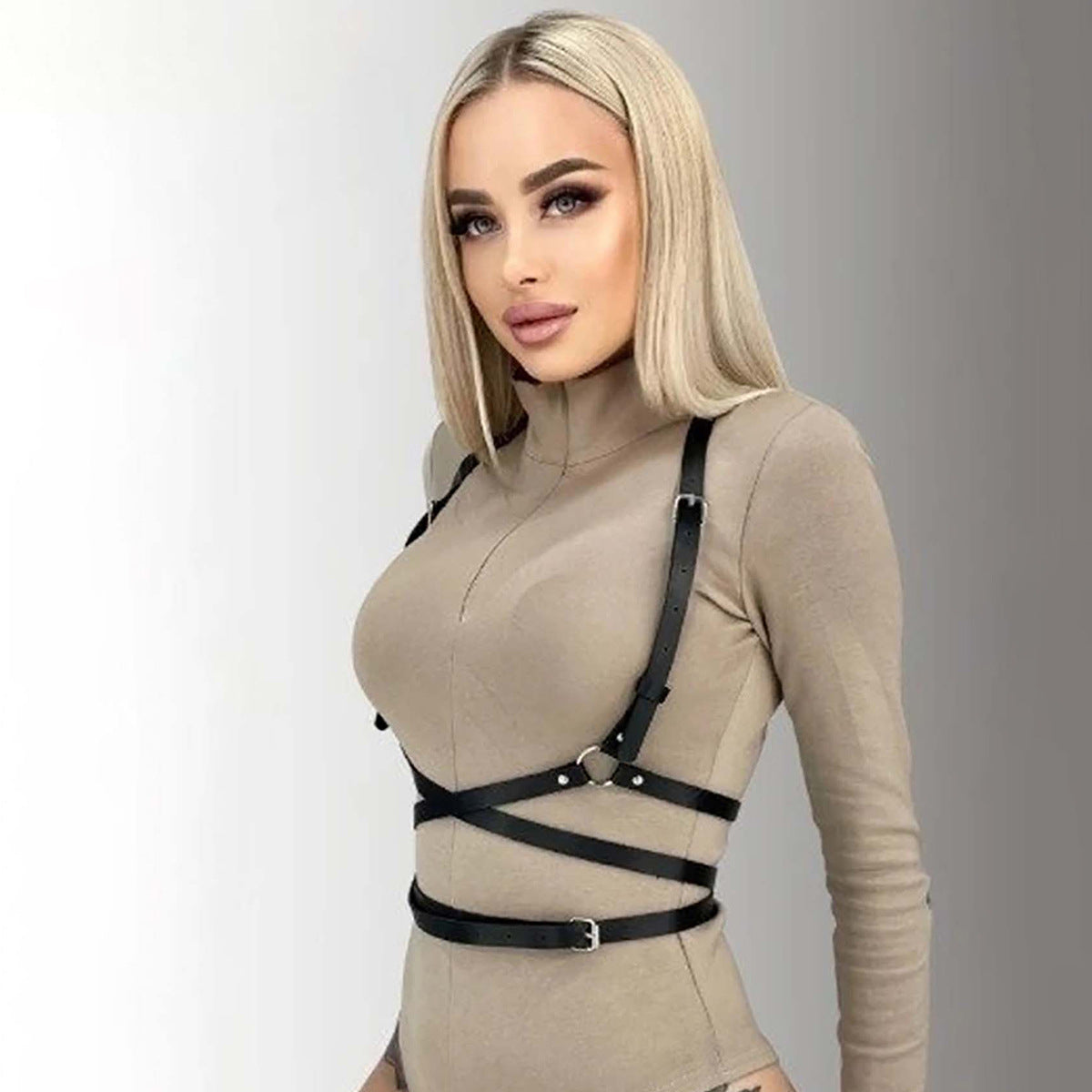 Leather Harness Belt Over Blouse
