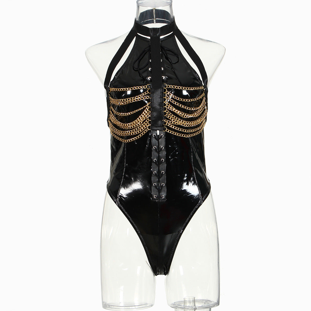 Black Turtleneck Bdsm Bodysuit With Chains