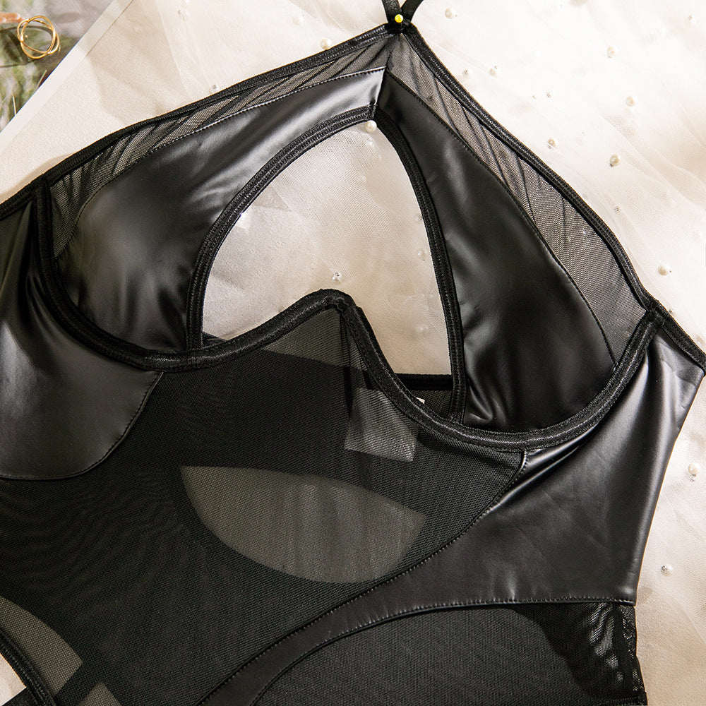 Black Leather Nude Sheer Bdsm Lingerie