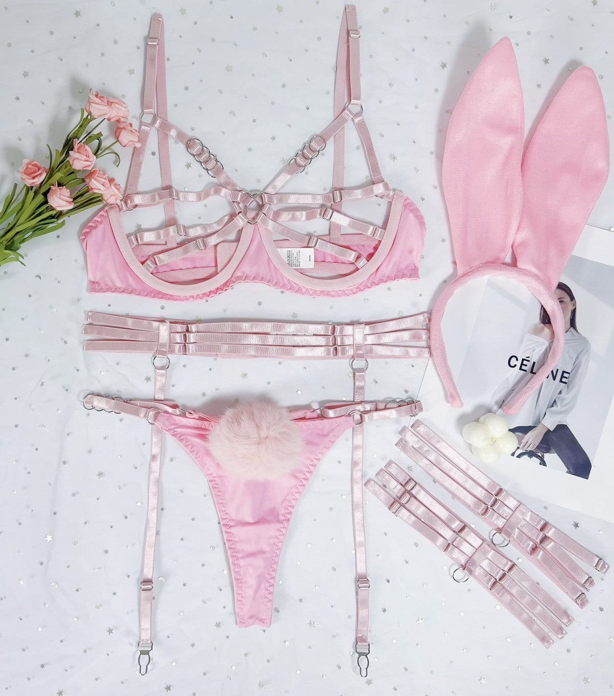 Anime Cosplay Lingerie Set Revealing Pink Bunny Costume Sexy Black