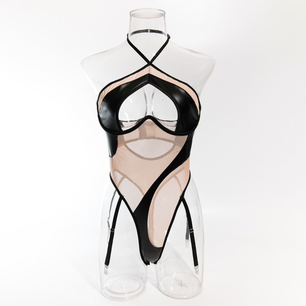 Black Leather Nude Sheer Bdsm Lingerie