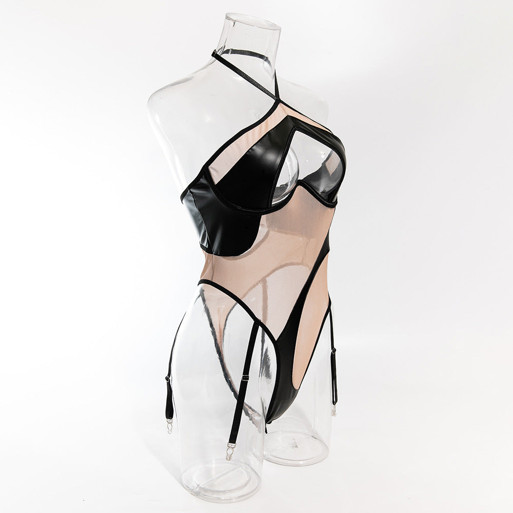 Black Leather Nude Sheer Bdsm Lingerie