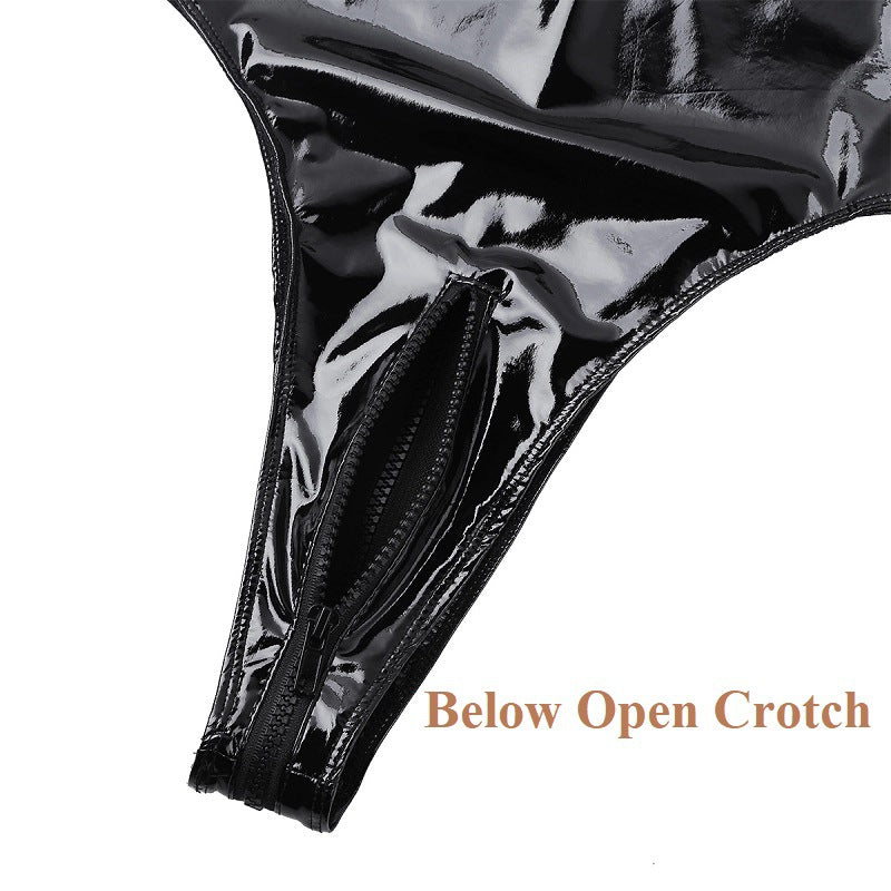 Open Back Bodysuit Crotchless Black Leather Lingerie Submissive Hot Teddy