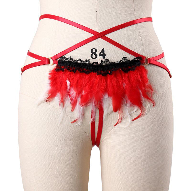 Revealing Crotchless.Panties Red Body Harness Lingerie Feather Thong