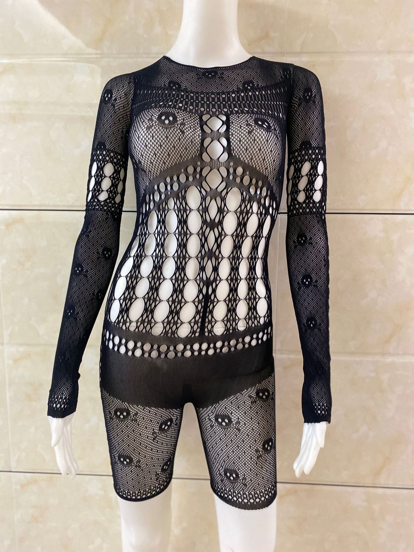 Revealing Halloween Latina Sexy Bodysuit Black Mesh Lingerie Sheer Teddy