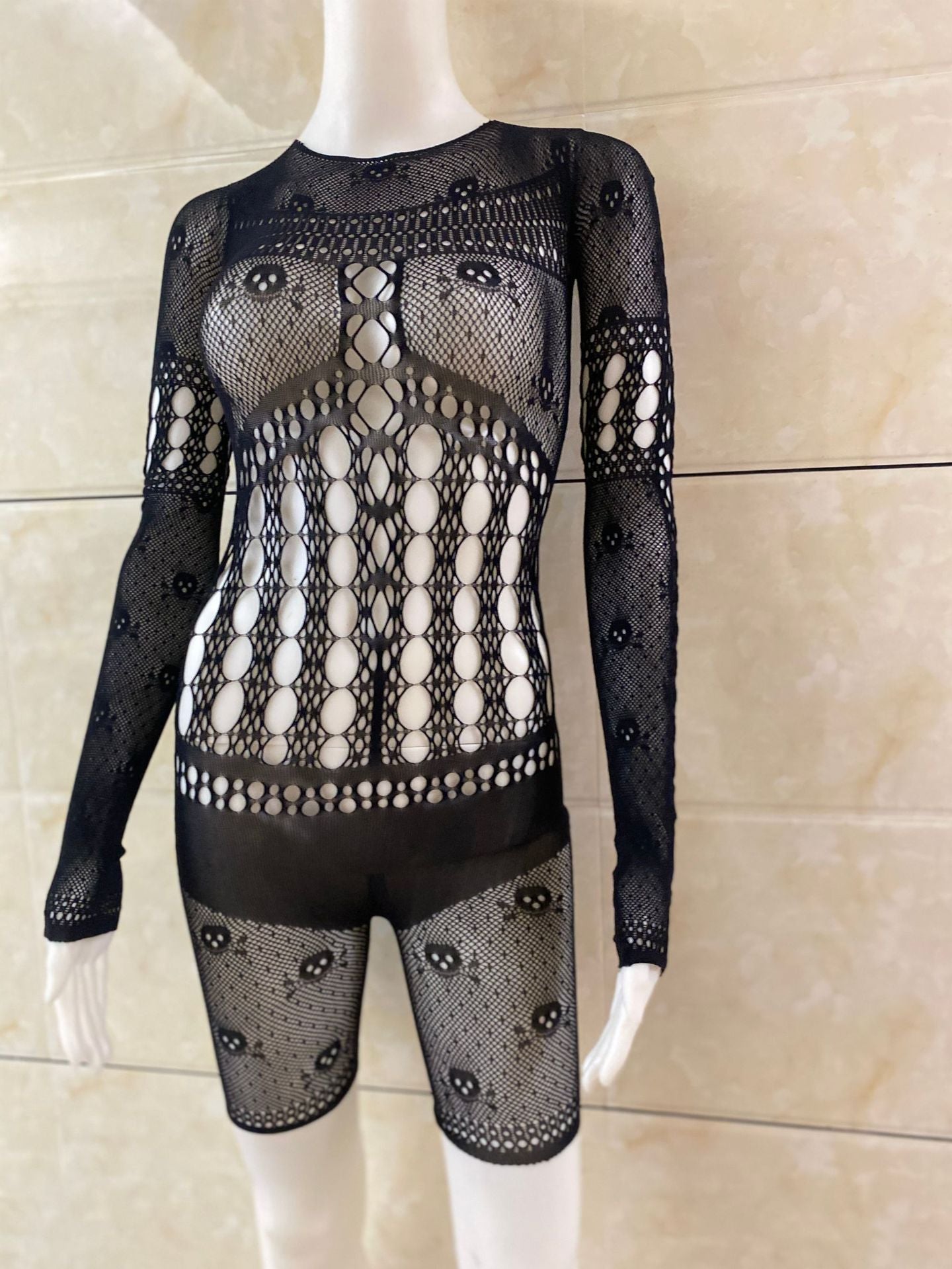 Revealing Halloween Latina Sexy Bodysuit Black Mesh Lingerie Sheer Teddy