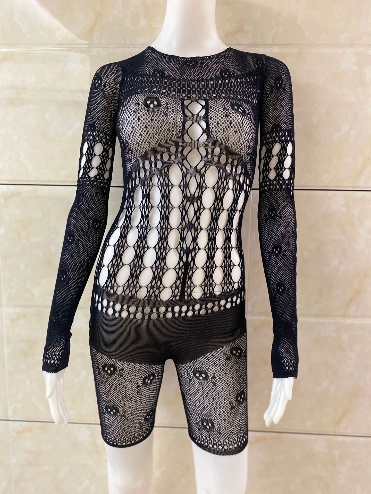 Revealing Halloween Latina Sexy Bodysuit Black Mesh Lingerie Sheer Teddy