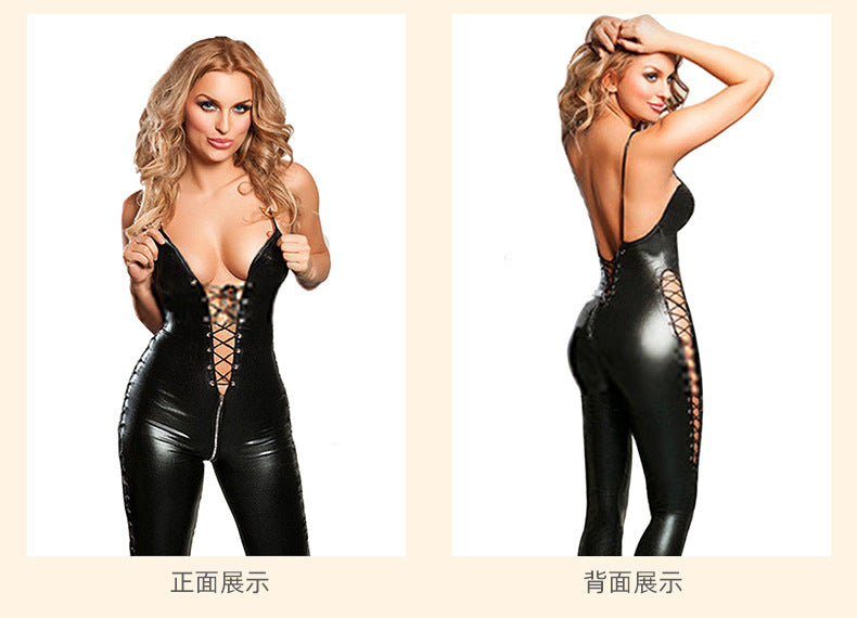 Revealing Open Back Bodysuit Faux Leather Lingerie Extreme Teddy