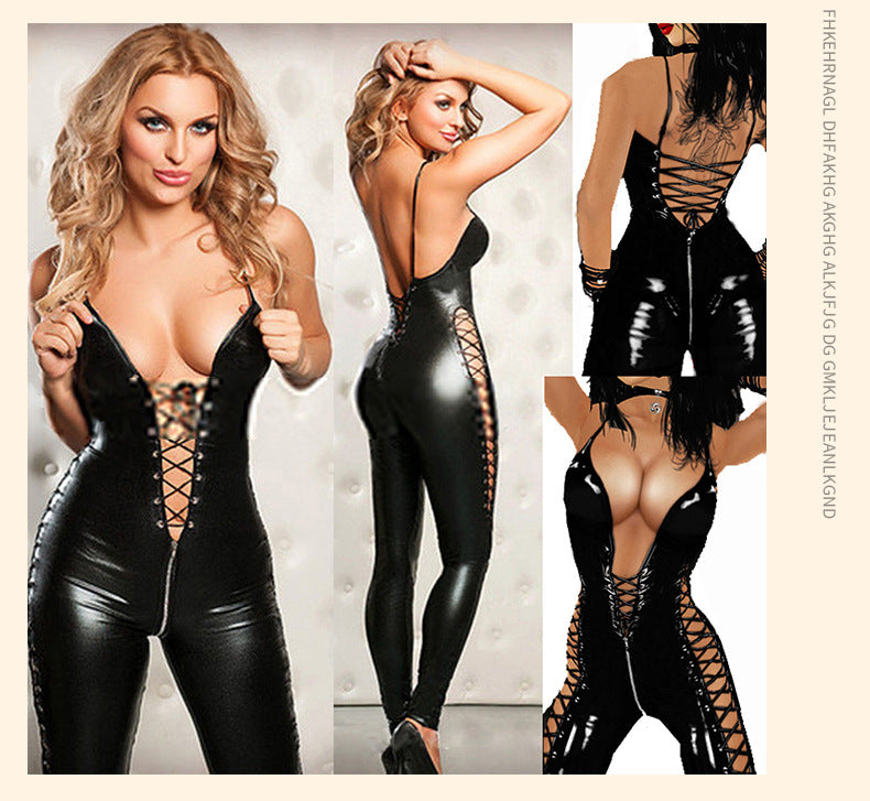 Revealing Open Back Bodysuit Faux Leather Lingerie Extreme Teddy