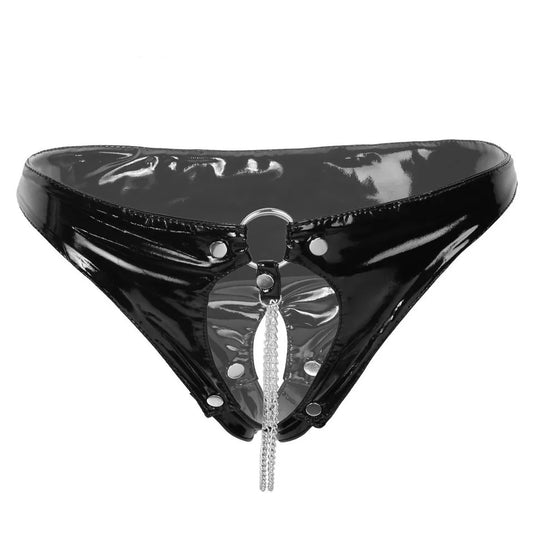 Revealing Panties Crotchless Womens Leather Lingerie