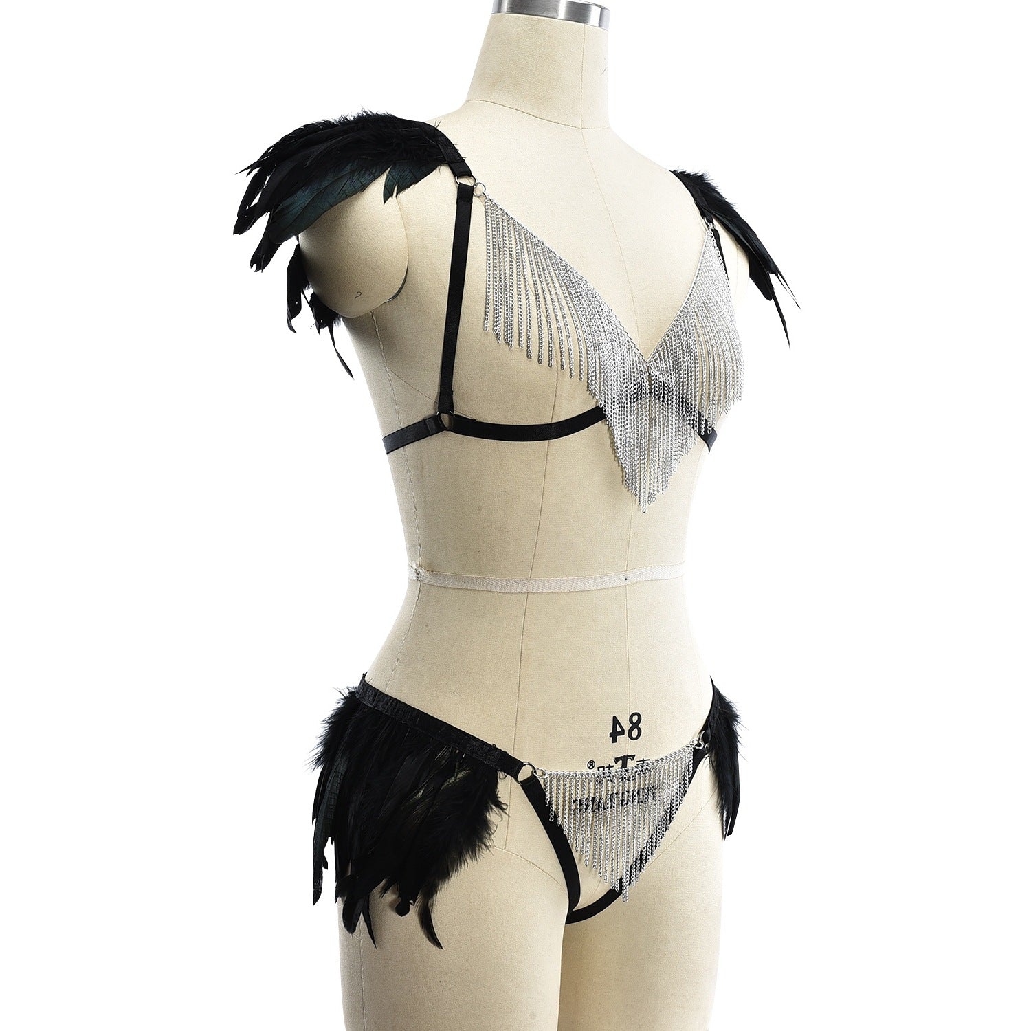 Revealing Sexy Crotchless Lingerie Set Couples Body Harness Lingerie Feather Bra Panties