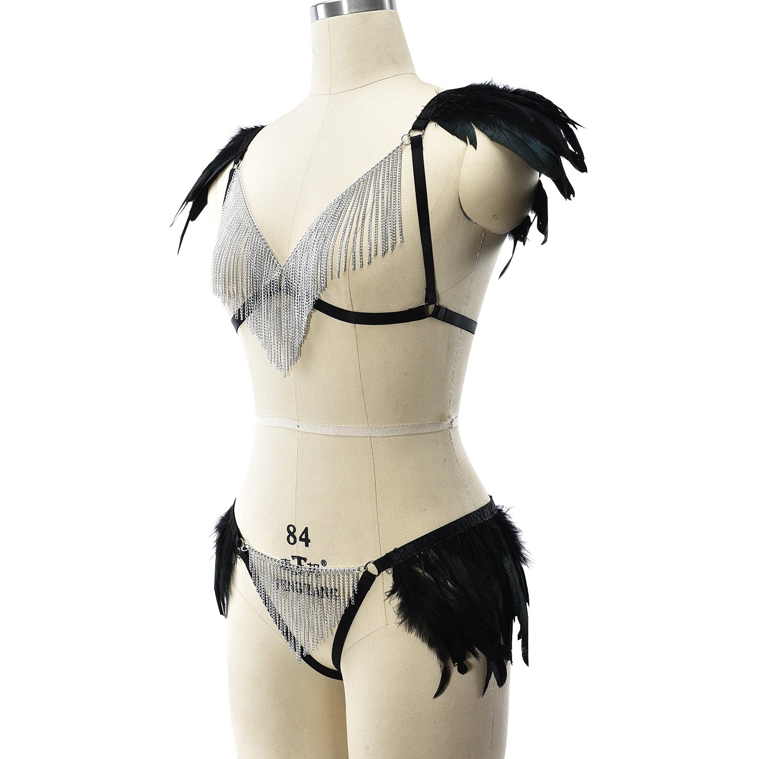 Revealing Sexy Crotchless Lingerie Set Couples Body Harness Lingerie Feather Bra Panties