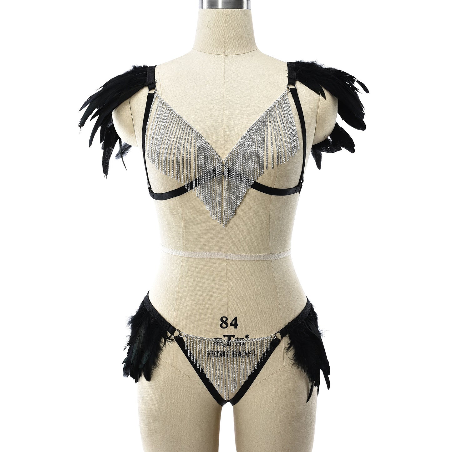 Revealing Sexy Crotchless Lingerie Set Couples Body Harness Lingerie Feather Bra Panties