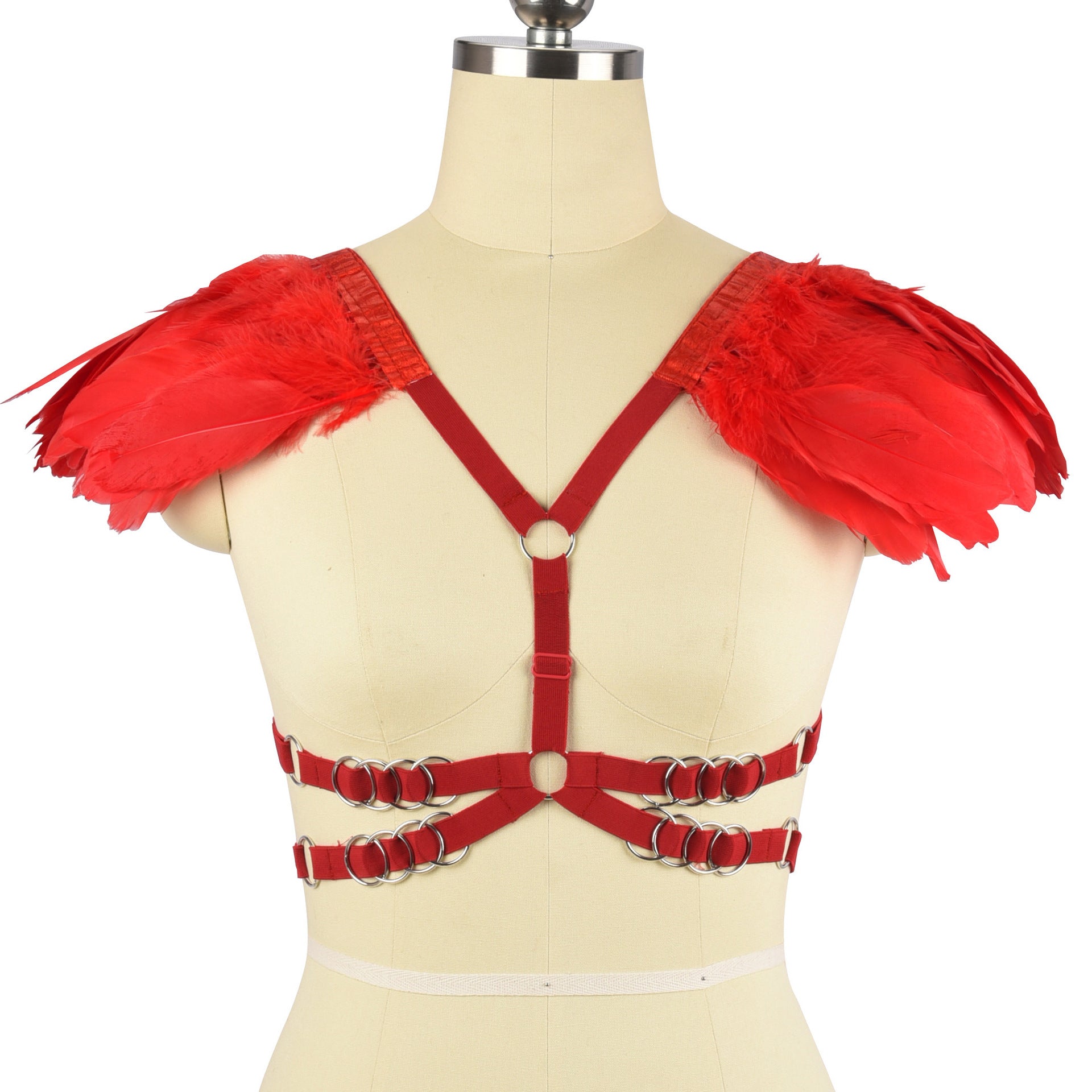 Revealing Sexy No Bra Red Body Harness Lingerie Feather Bra