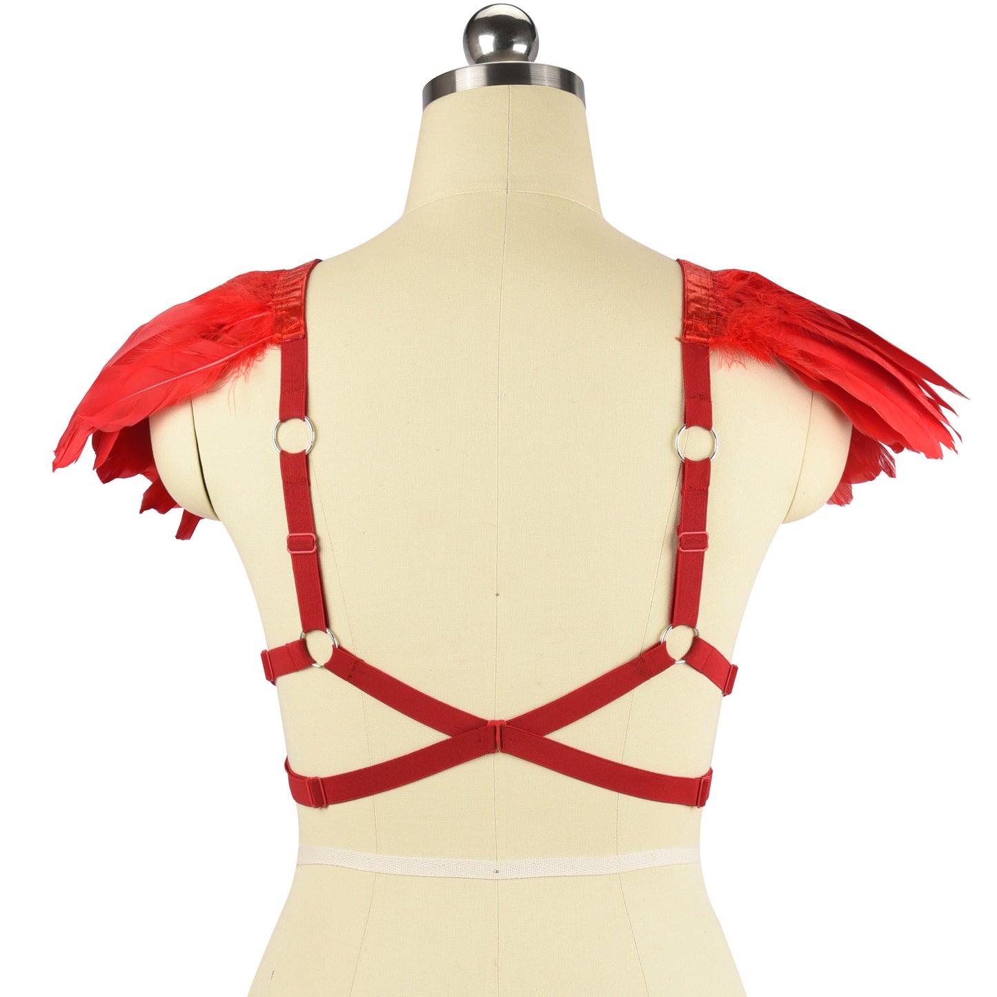 Revealing Sexy No Bra Red Body Harness Lingerie Feather Bra