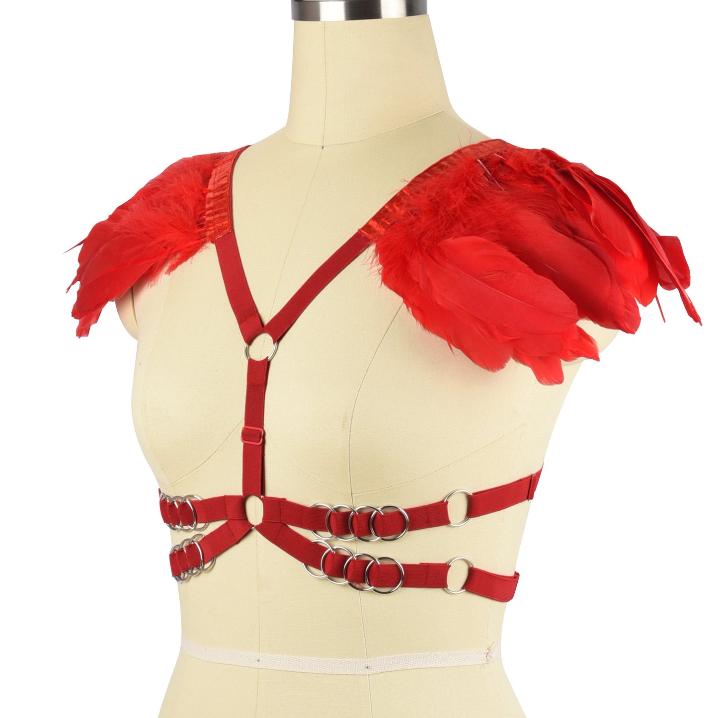 Revealing Sexy No Bra Red Body Harness Lingerie Feather Bra