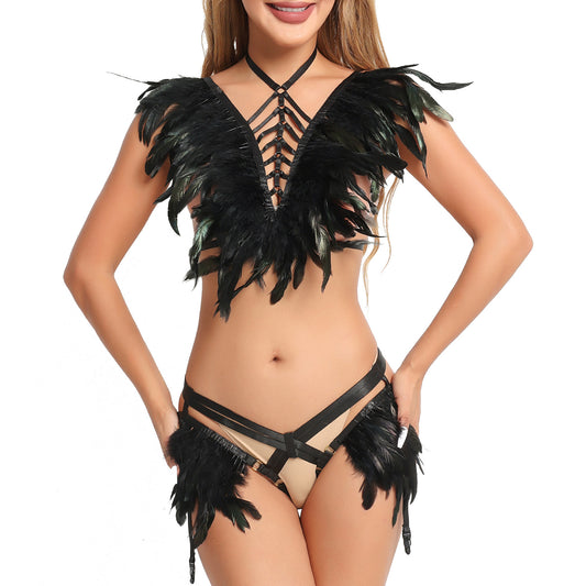 Sexiest Sexy Lingerie Bra Set Latina Body Harness Lingerie Feather Bra Panties