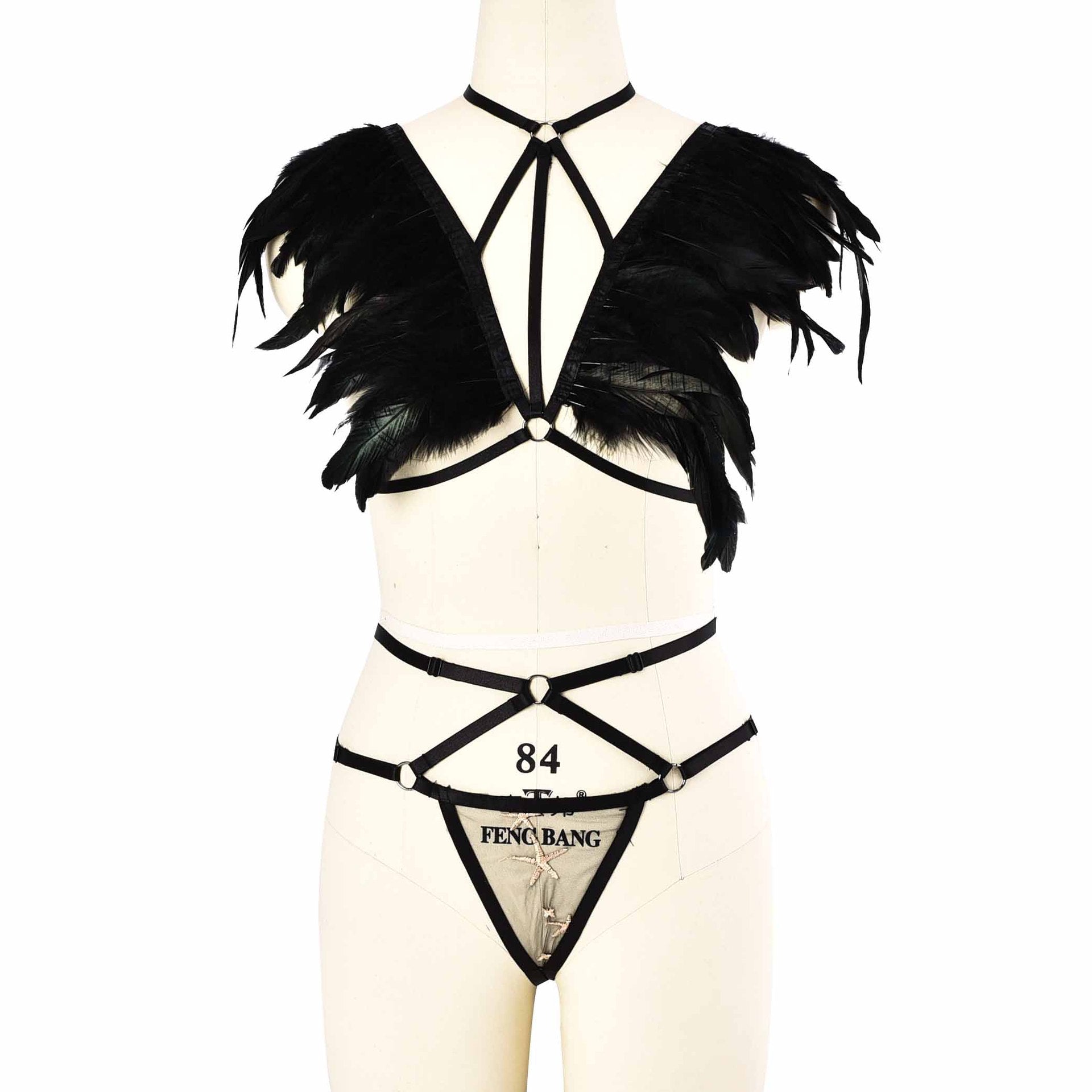 Sexy Sexy Crotchless Lingerie Set White Black Body Harness Lingerie Feather Bra Panties