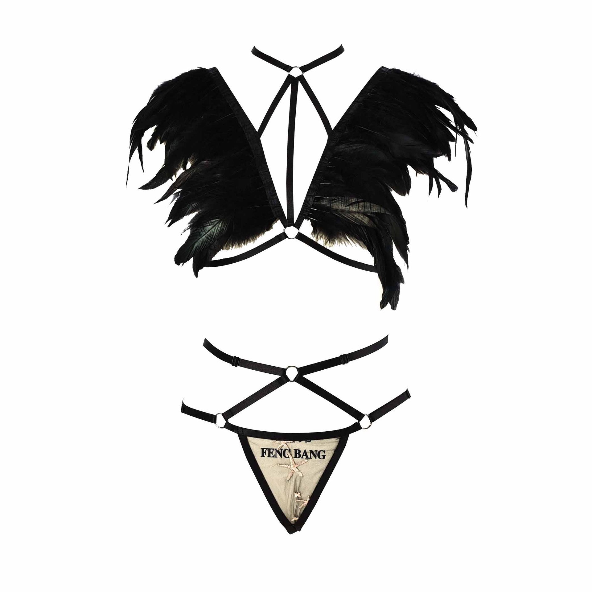 Sexy Sexy Crotchless Lingerie Set White Black Body Harness Lingerie Feather Bra Panties