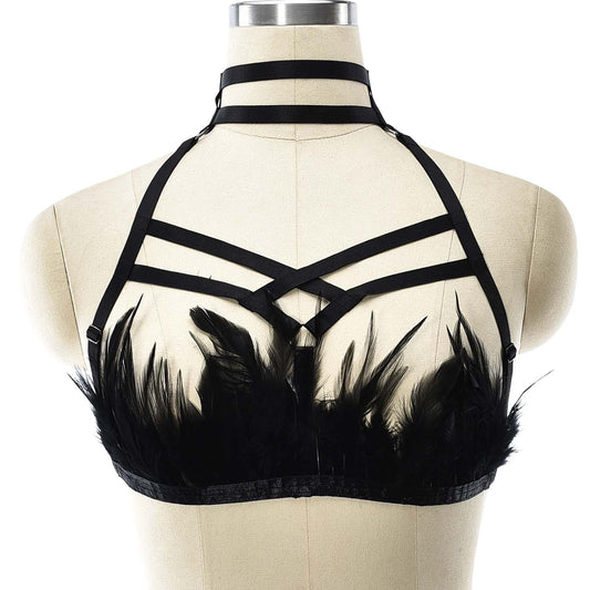 Strapy Sexy No Bra Black Body Harness Lingerie Feather Bra